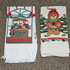 Vintage Christmas Holiday Kitchen Hand Towel Drummer Bear & Toys Design Lot Of 2